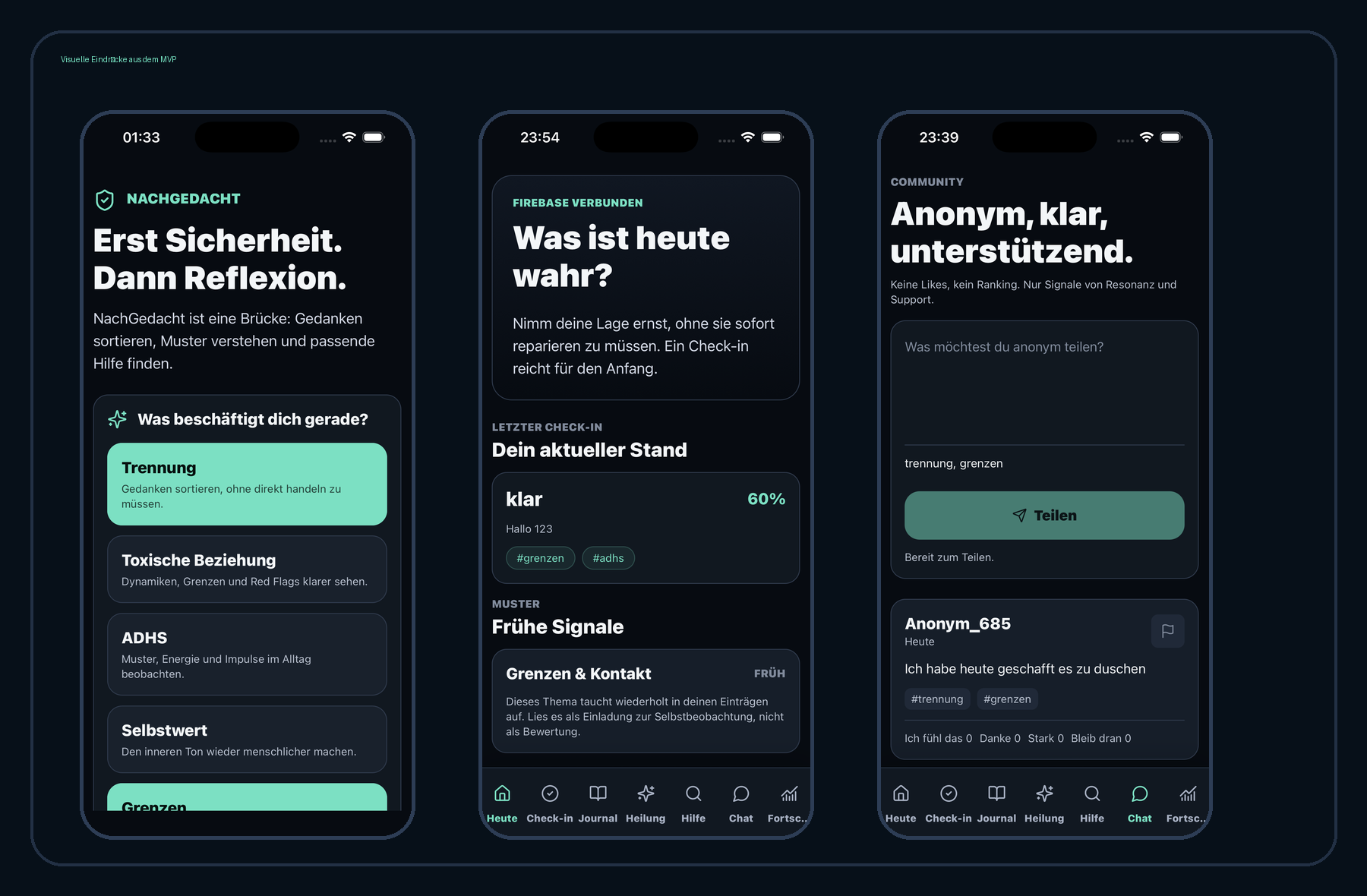 Drei Screens der NachGedacht App mit Startseite, Check-in und Safe Place